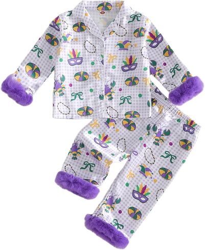 Toddler Kids Girl Spring Pajamas Baby Purple Satin Silk Button Down Shirts Jammies Carnival Matching Pjs Outfits in Saudi Arabia