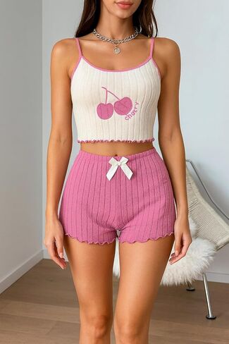 Women’s Embroidered Cherry Fleece Lounge Set – Plush Brushed Camisole & Ribbed Shorts Sleepwear Pajama Set in Saudi Arabia