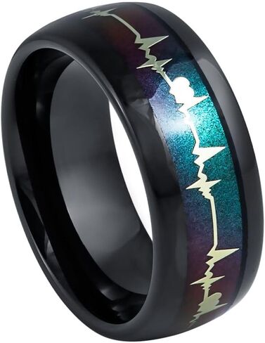 Tungsten Carbide 8mm Black Ring with Blue Aurora Heartbeat Inlay – Comfort Fit, Scratch Resistant – Unique Men’s Wedding Band or Anniversary Ring. in Saudi Arabia
