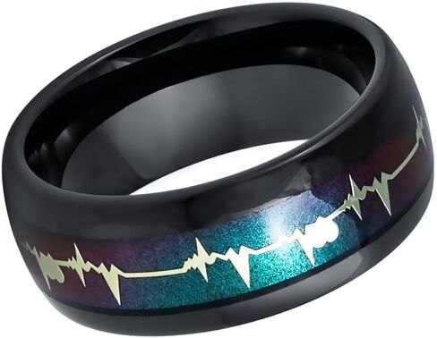 Tungsten Carbide 8mm Black Ring with Blue Aurora Heartbeat Inlay – Comfort Fit, Scratch Resistant – Unique Men’s Wedding Band or Anniversary Ring. in Saudi Arabia
