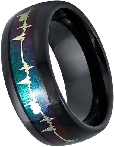 Tungsten Carbide 8mm Black Ring with Blue Aurora Heartbeat Inlay – Comfort Fit, Scratch Resistant – Unique Men’s Wedding Band or Anniversary Ring. in Saudi Arabia