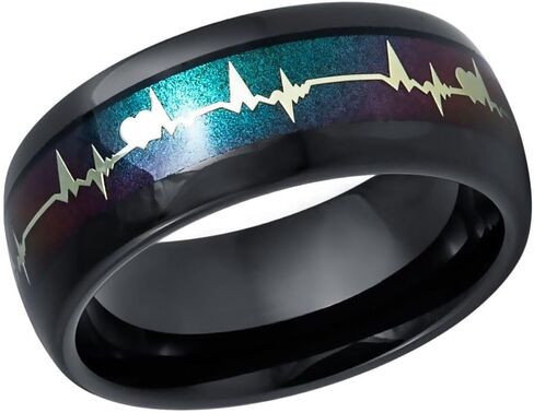 Tungsten Carbide 8mm Black Ring with Blue Aurora Heartbeat Inlay – Comfort Fit, Scratch Resistant – Unique Men’s Wedding Band or Anniversary Ring. in Saudi Arabia