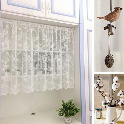 Room half curtain,Window Treatments,Thermal Noise Reducing Dim Out Curtains, Kitchen Curtains Window Curtain with Lace Embroidery Design Tier Curtains Short Net Curtains Valance White Voile Half Curta in Saudi Arabia