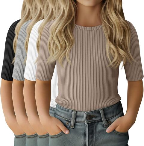 4 Pack Girls Half Sleeve Shirts Ribbed Knit Slim Fit Tops Kids Crewneck Basic Summer Casual Elbow Sleeve Tee Shirts in Saudi Arabia