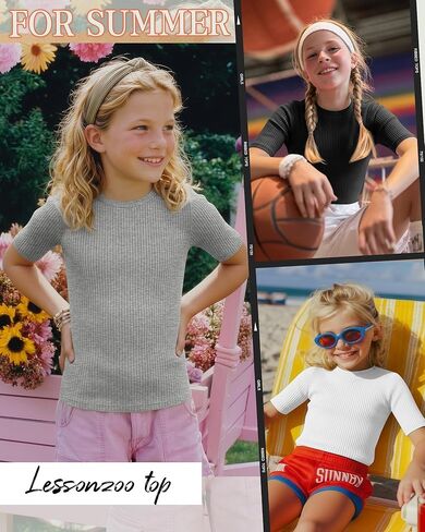 4 Pack Girls Half Sleeve Shirts Ribbed Knit Slim Fit Tops Kids Crewneck Basic Summer Casual Elbow Sleeve Tee Shirts in Saudi Arabia