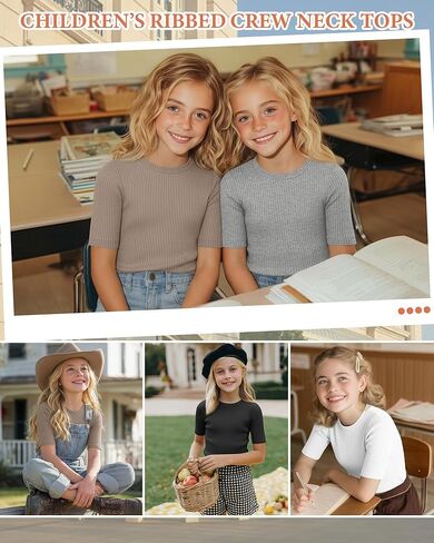 4 Pack Girls Half Sleeve Shirts Ribbed Knit Slim Fit Tops Kids Crewneck Basic Summer Casual Elbow Sleeve Tee Shirts in Saudi Arabia