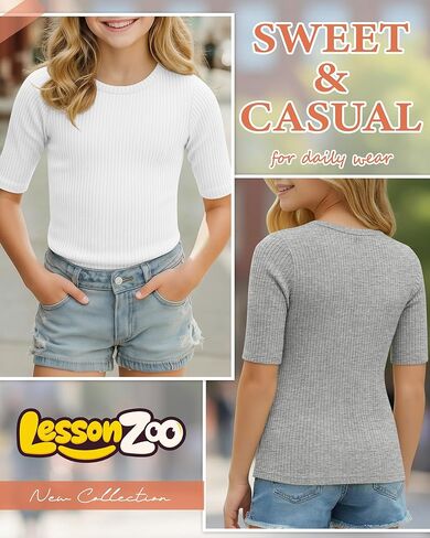 4 Pack Girls Half Sleeve Shirts Ribbed Knit Slim Fit Tops Kids Crewneck Basic Summer Casual Elbow Sleeve Tee Shirts in Saudi Arabia