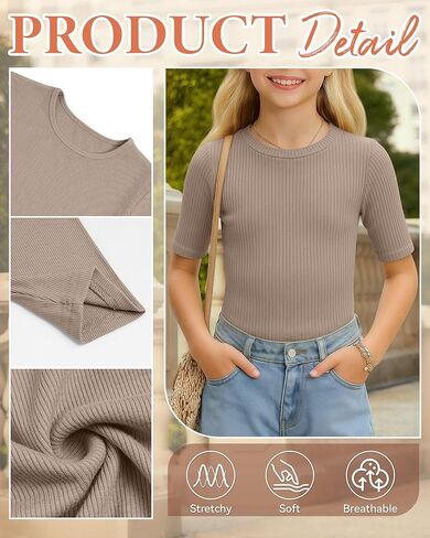 4 Pack Girls Half Sleeve Shirts Ribbed Knit Slim Fit Tops Kids Crewneck Basic Summer Casual Elbow Sleeve Tee Shirts in Saudi Arabia