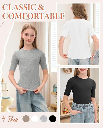 4 Pack Girls Half Sleeve Shirts Ribbed Knit Slim Fit Tops Kids Crewneck Basic Summer Casual Elbow Sleeve Tee Shirts in Saudi Arabia