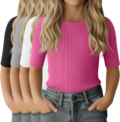 4 Pack Girls Half Sleeve Shirts Ribbed Knit Slim Fit Tops Kids Crewneck Basic Summer Casual Elbow Sleeve Tee Shirts in Saudi Arabia