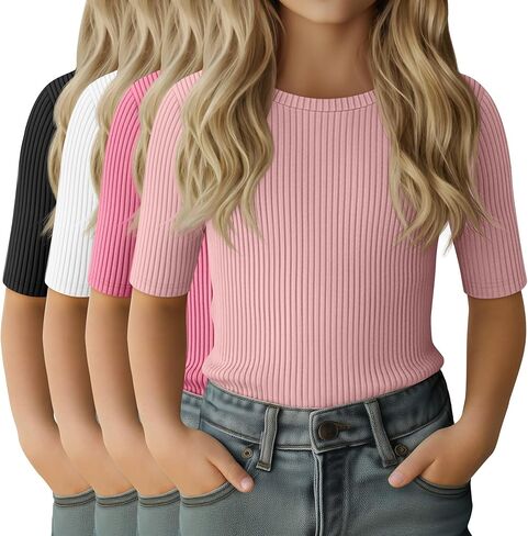 4 Pack Girls Half Sleeve Shirts Ribbed Knit Slim Fit Tops Kids Crewneck Basic Summer Casual Elbow Sleeve Tee Shirts in Saudi Arabia