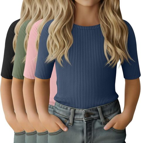 4 Pack Girls Half Sleeve Shirts Ribbed Knit Slim Fit Tops Kids Crewneck Basic Summer Casual Elbow Sleeve Tee Shirts in Saudi Arabia