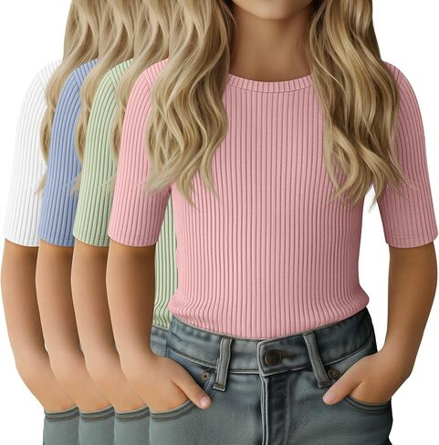 4 Pack Girls Half Sleeve Shirts Ribbed Knit Slim Fit Tops Kids Crewneck Basic Summer Casual Elbow Sleeve Tee Shirts in Saudi Arabia