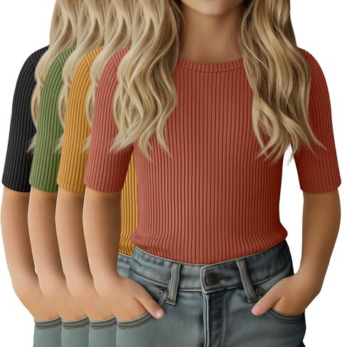 4 Pack Girls Half Sleeve Shirts Ribbed Knit Slim Fit Tops Kids Crewneck Basic Summer Casual Elbow Sleeve Tee Shirts in Saudi Arabia