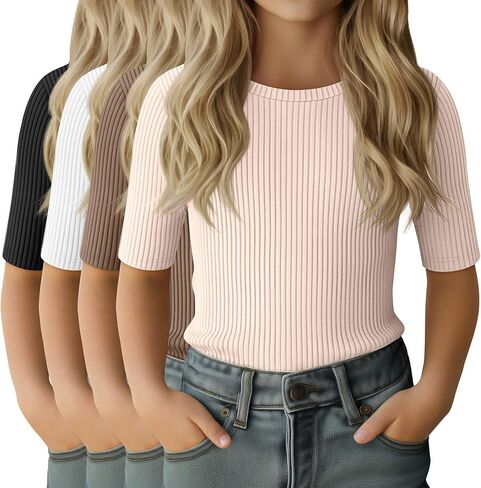 4 Pack Girls Half Sleeve Shirts Ribbed Knit Slim Fit Tops Kids Crewneck Basic Summer Casual Elbow Sleeve Tee Shirts in Saudi Arabia