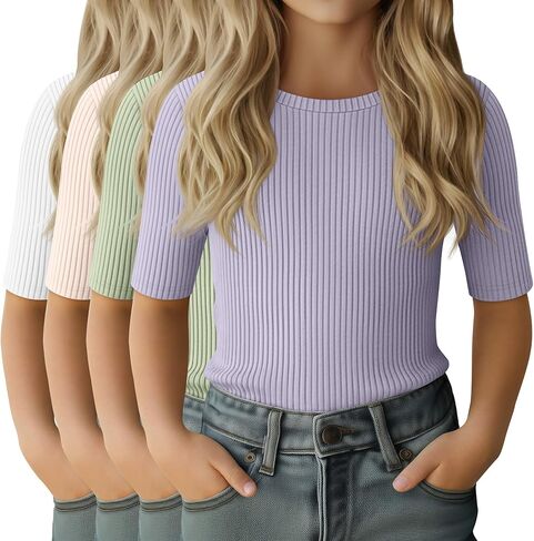 4 Pack Girls Half Sleeve Shirts Ribbed Knit Slim Fit Tops Kids Crewneck Basic Summer Casual Elbow Sleeve Tee Shirts in Saudi Arabia