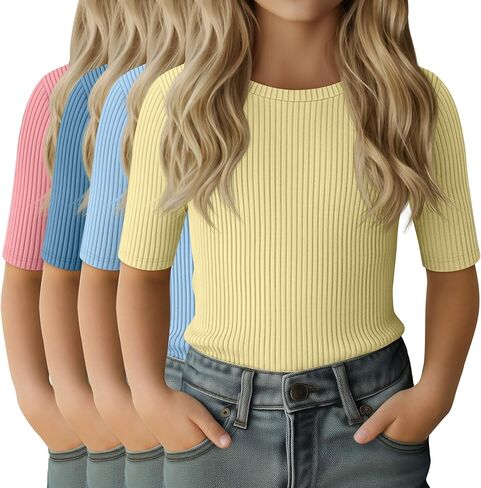 4 Pack Girls Half Sleeve Shirts Ribbed Knit Slim Fit Tops Kids Crewneck Basic Summer Casual Elbow Sleeve Tee Shirts in Saudi Arabia