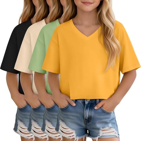 4 Pack Girls V Neck Crop Tops Short Sleeve Loose Fit T Shirts Summer Casual Cropped Top for Kids Size 5-14 Years in Saudi Arabia