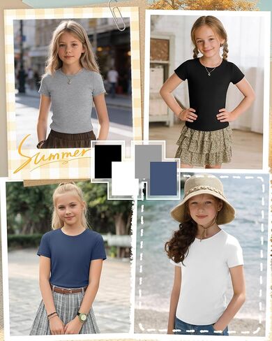 4 Pack Girl's Short Sleeve Shirts Basic Crew Neck Layering Tops Slim Fit Casual Summer Tees 5-14 Years in Saudi Arabia