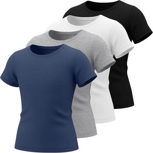 4 Pack Girl's Short Sleeve Shirts Basic Crew Neck Layering Tops Slim Fit Casual Summer Tees 5-14 Years in Saudi Arabia