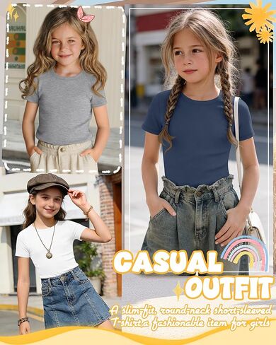 4 Pack Girl's Short Sleeve Shirts Basic Crew Neck Layering Tops Slim Fit Casual Summer Tees 5-14 Years in Saudi Arabia