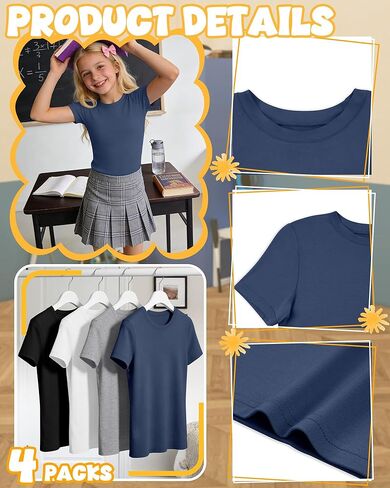 4 Pack Girl's Short Sleeve Shirts Basic Crew Neck Layering Tops Slim Fit Casual Summer Tees 5-14 Years in Saudi Arabia