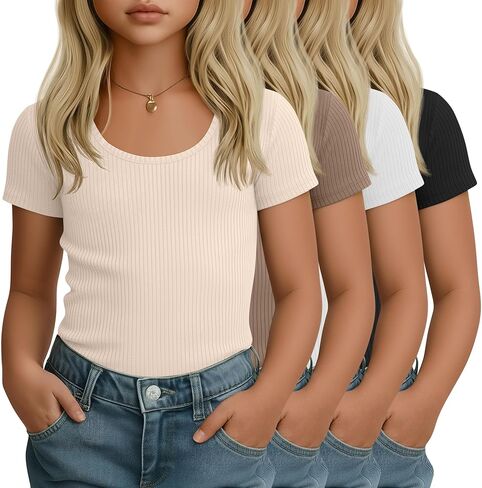 4 Pack Girls' Short Sleeve Shirts Ribbed Knit Scoop Neck T-Shirts Basic Slim Fit Casual Summer Kids Tops in Saudi Arabia