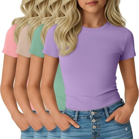 4 Pack Girl's Short Sleeve Shirts Basic Crew Neck Layering Tops Slim Fit Casual Summer Tees 5-14 Years in Saudi Arabia