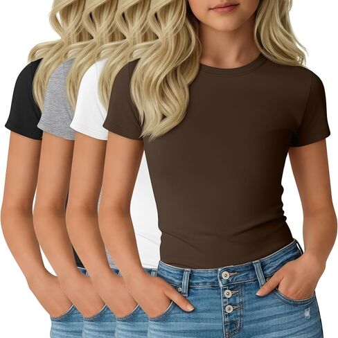 4 Pack Girl's Short Sleeve Shirts Basic Crew Neck Layering Tops Slim Fit Casual Summer Tees 5-14 Years in Saudi Arabia
