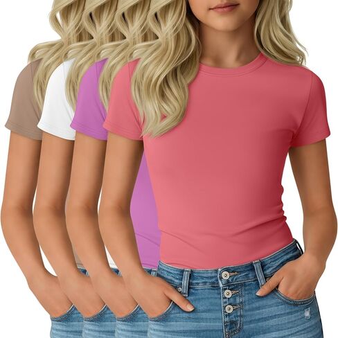 4 Pack Girl's Short Sleeve Shirts Basic Crew Neck Layering Tops Slim Fit Casual Summer Tees 5-14 Years in Saudi Arabia