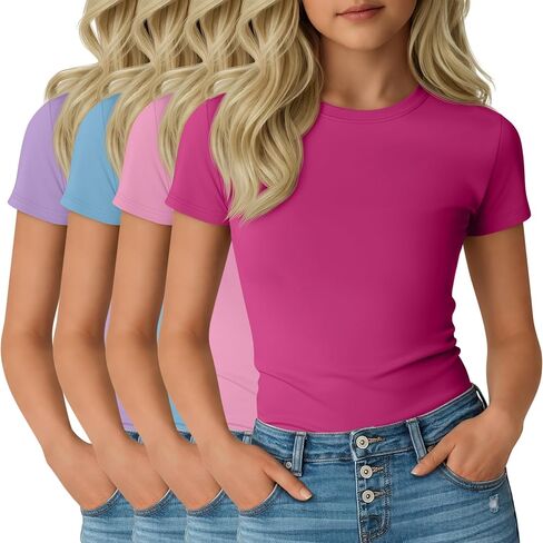 4 Pack Girl's Short Sleeve Shirts Basic Crew Neck Layering Tops Slim Fit Casual Summer Tees 5-14 Years in Saudi Arabia
