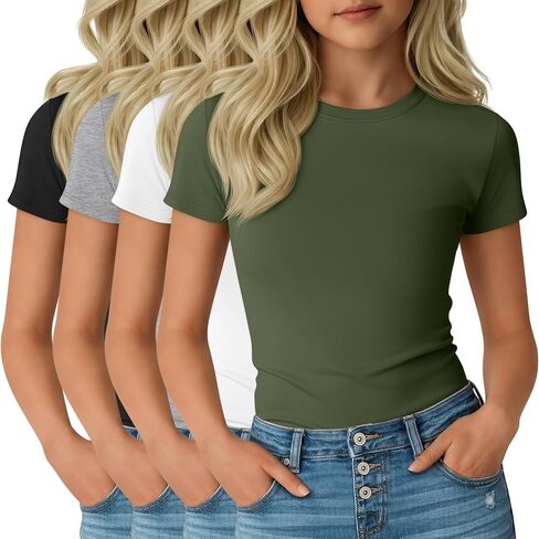 4 Pack Girl's Short Sleeve Shirts Basic Crew Neck Layering Tops Slim Fit Casual Summer Tees 5-14 Years in Saudi Arabia