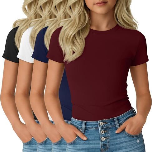 4 Pack Girl's Short Sleeve Shirts Basic Crew Neck Layering Tops Slim Fit Casual Summer Tees 5-14 Years in Saudi Arabia
