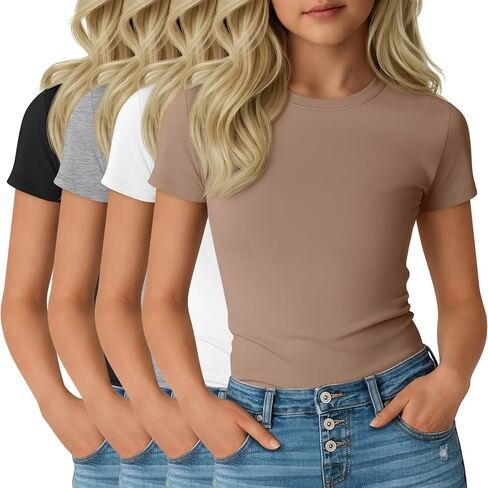4 Pack Girl's Short Sleeve Shirts Basic Crew Neck Layering Tops Slim Fit Casual Summer Tees 5-14 Years in Saudi Arabia