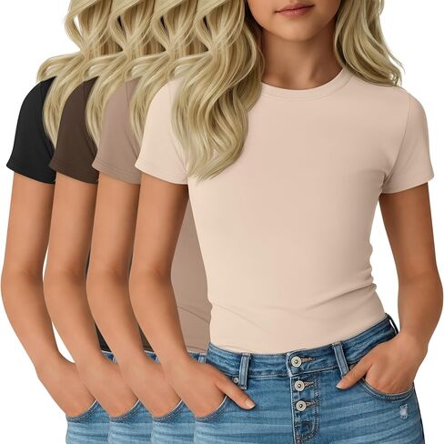 4 Pack Girl's Short Sleeve Shirts Basic Crew Neck Layering Tops Slim Fit Casual Summer Tees 5-14 Years in Saudi Arabia