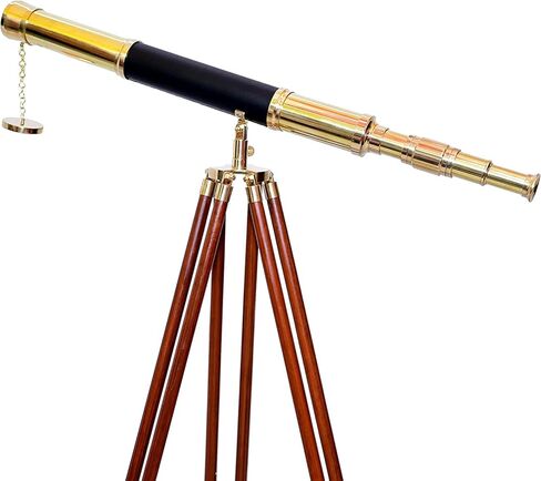 Nautical Vintage Shiny Brass Leather Telescope Floor Stand Wooden Brown Tripod 55" in Saudi Arabia