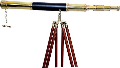 Nautical Vintage Shiny Brass Leather Telescope Floor Stand Wooden Brown Tripod 55" in Saudi Arabia