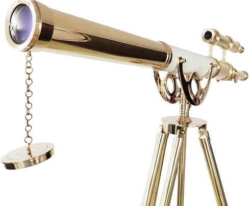 Double Barrel Shiny Brass Finish Vintage Floor Telescope Functional Spyglass with Brown Brass/Wooden Tripod White Leather Wrap | 39" Tube Length, 63" Height | Decor for Home & Office | Nautical Gift in Saudi Arabia