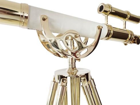 Double Barrel Shiny Brass Finish Vintage Floor Telescope Functional Spyglass with Brown Brass/Wooden Tripod White Leather Wrap | 39" Tube Length, 63" Height | Decor for Home & Office | Nautical Gift in Saudi Arabia