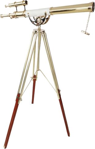 Double Barrel Shiny Brass Finish Vintage Floor Telescope Functional Spyglass with Brown Brass/Wooden Tripod White Leather Wrap | 39" Tube Length, 63" Height | Decor for Home & Office | Nautical Gift in Saudi Arabia