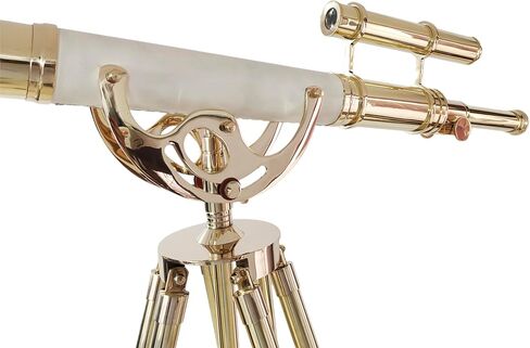 Double Barrel Shiny Brass Finish Vintage Floor Telescope Functional Spyglass with Brown Brass/Wooden Tripod White Leather Wrap | 39" Tube Length, 63" Height | Decor for Home & Office | Nautical Gift in Saudi Arabia