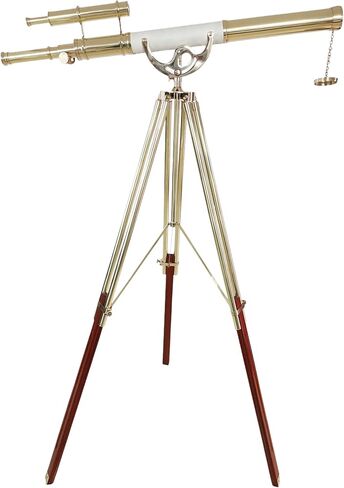 Double Barrel Shiny Brass Finish Vintage Floor Telescope Functional Spyglass with Brown Brass/Wooden Tripod White Leather Wrap | 39" Tube Length, 63" Height | Decor for Home & Office | Nautical Gift in Saudi Arabia