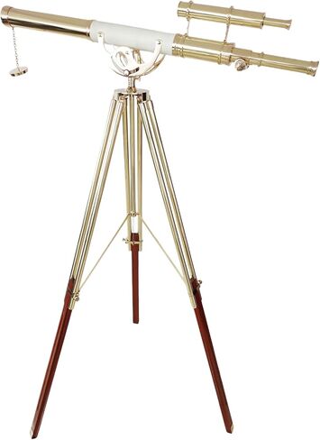 Double Barrel Shiny Brass Finish Vintage Floor Telescope Functional Spyglass with Brown Brass/Wooden Tripod White Leather Wrap | 39" Tube Length, 63" Height | Decor for Home & Office | Nautical Gift in Saudi Arabia