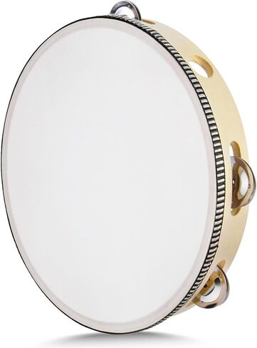 Flexzion Wood Handheld Tambourine for Kids and Adults 10-Inch Double Row 8-Pair Jingles (Red) - Percussion Round Tamborines Musical Instrument with Metal Zills in Saudi Arabia