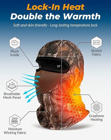 Men Women Heated Balaclava Gear Fishing Hunting Ice Pesca Motorcycle Snowboarding Motocross Motos Climbing Ski Hiking Biking Bicicletas Winter Outdoor Cold Weather Accesorios Camo Accessories Running in Kuwait