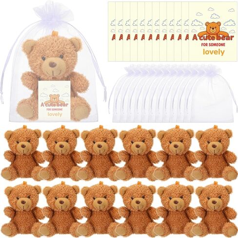 12 Sets Mini Plush Bears Bulk with Organza Gift Bags Message Cards, Brown Bear Keychains Party Favors for Birthday, Baby Shower, Prizes, Goodie Bag Stuffers, Small Gifts in Kuwait