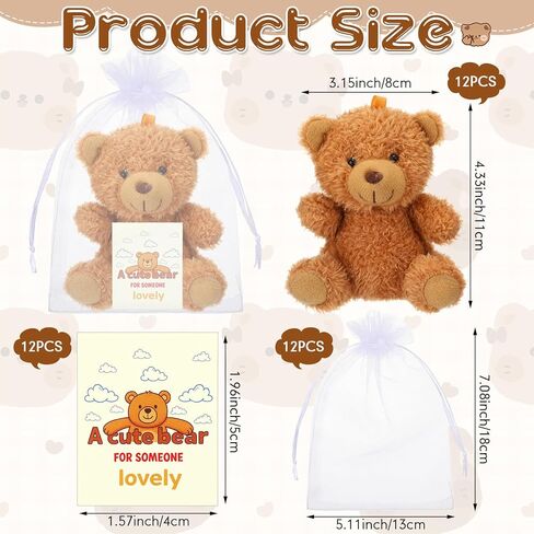 12 Sets Mini Plush Bears Bulk with Organza Gift Bags Message Cards, Brown Bear Keychains Party Favors for Birthday, Baby Shower, Prizes, Goodie Bag Stuffers, Small Gifts in Kuwait