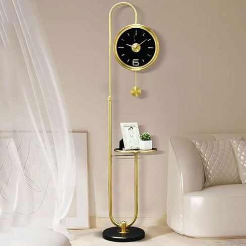 European Modern Floor Clock with Wine Rack, Silent Battery Operated Grandfather Clock, Stylish Storage Table for Living Room Decor - Elegant Home Accent. in Saudi Arabia