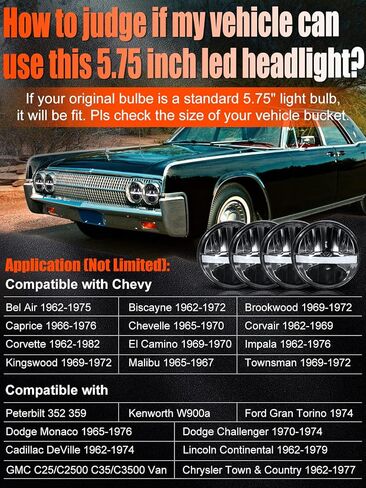 UNI-SHINE 5 3/4'' 5.75 Inch LED Headlight Round 4pcs Reflector Hi/Lo Beam With DRL Sealed Beam H5001 H5006 Compatible With Peterbilt 349 359, Chevy Impala 59-76, Dodge in Kuwait