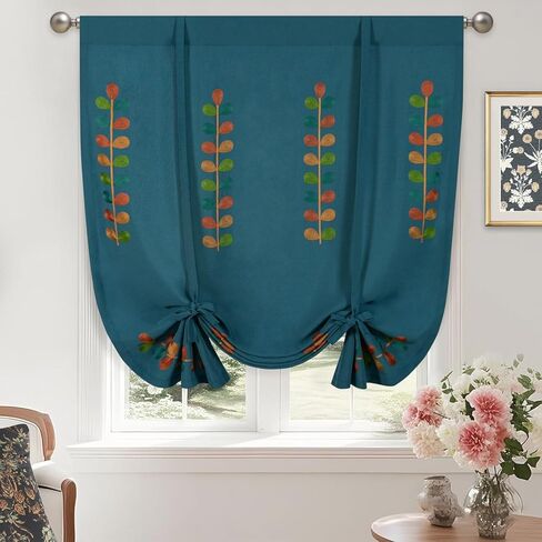 VOGOL Dark Blue Tie Up Kitchen Valance, Vivid Leaves Pattern Balloon Shade Window Treatment, Length Adjustable Not See Through Drapes for Living Room, 1 Panel, 42 x 63 Inches in Saudi Arabia